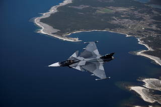 Sweden's jet fighter JAS 39 Gripen E flies over the Gotland island in the Baltic Sea