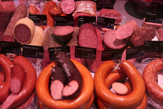 FILE PHOTO: Sausages are displayed in a supermarket in Berlin
