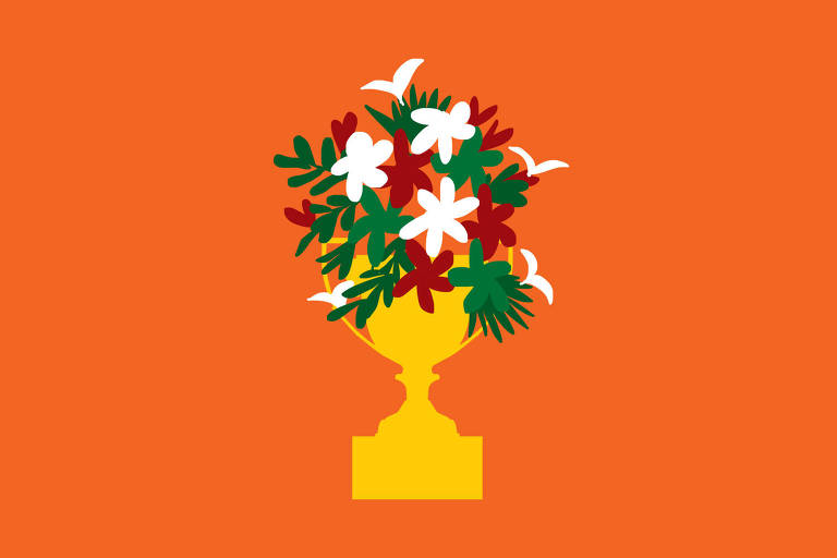 Sobre um fundo laranja há uma taça de campeão cheia de flores e folhas verdes, vermelhas e brancas.