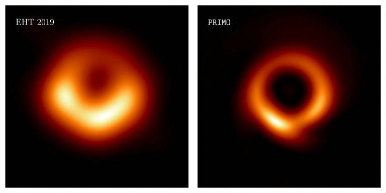 À esquerda, a primeira imagem do buraco negro, uma 'rosquinha laranja difusa', e à direita, a mais recente, com a 'rosquinha magra'