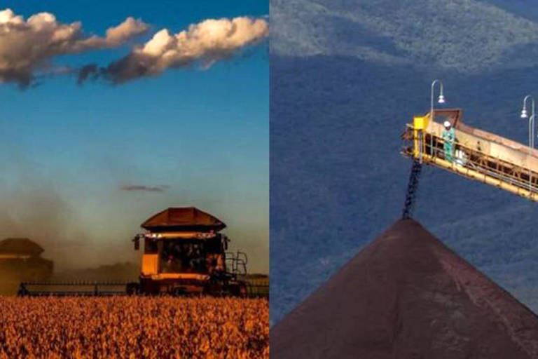 Imagem dividida ao meio mostra, do lado esquerdo, colheitadeira amarela sendo usada em plantação de trigo. Do lado direito, homem de uniforme verde faz mineração