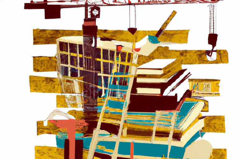 Imagem abstrata representando livros, uma escada, um edifício e um guindaste com vigas douradas ao fundo.