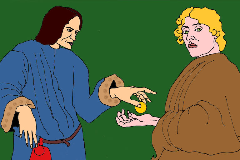 A ilustração de Annette Schwartsman, publicada na Folha de São Paulo no dia 16 de abril de 2023, mostra uma cena renascentista na qual o banqueiro e mecenas Lorenzo di Medici dá uma moeda de ouro ao pintor Sandro Botticelli.