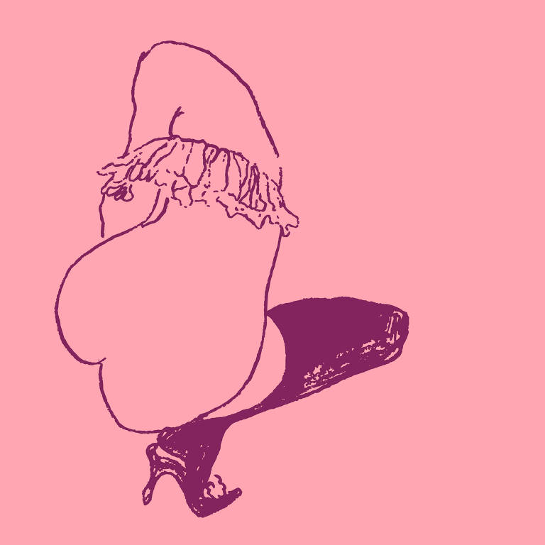 ilustração em rosa com desenho a lápis de mulher agachada de costas