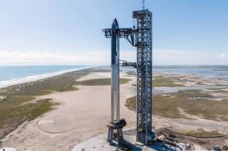 Starship, FLEXÕs ride to the moon, at a SpaceX facility near Boca Chica, Texas. (SpaceX via The New York Times)