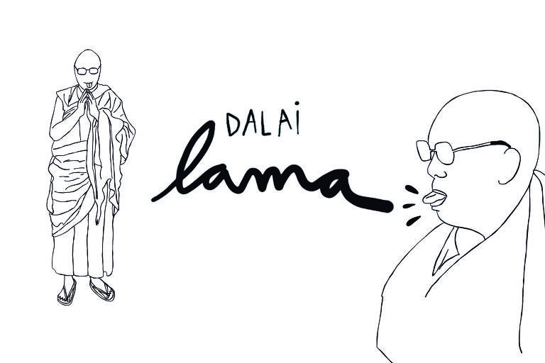 No desenho de Luiza Pannunzio, Dalai Lama de óculos, chinelos, em pé - usando seus trajes característicos e unindo as palmas das mãos perto do peito em prece, está com a língua pra fora. Acima dele está escrito DALAI bem pequenininho e LAMA bem grandão.