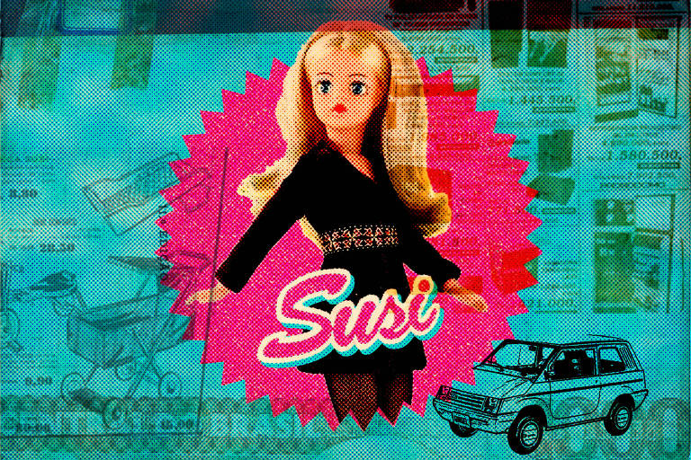 Na colagem digital de Marcelo Martinez: recortes de jornais com preços do período da hiperinflação nos anos 1980. Em destaque, no centro, a figura da boneca Susi, emulando o meme do novo filme da Barbie