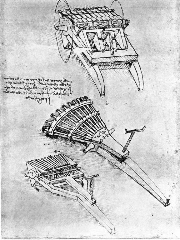 Nos desenhos de diferentes armas que Da Vinci fez, ele teve que observar como era a trajetória das balas quando eram disparadas