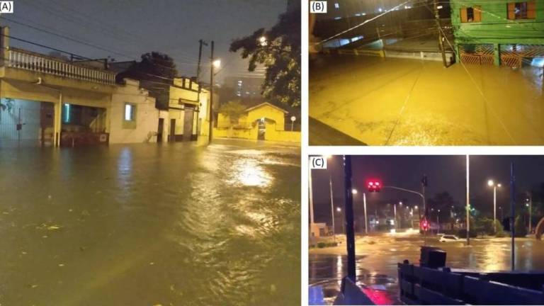 Mosaico com três fotos de enchentes na cidade de São caetano do Sul, com a água cobrindo as ruas