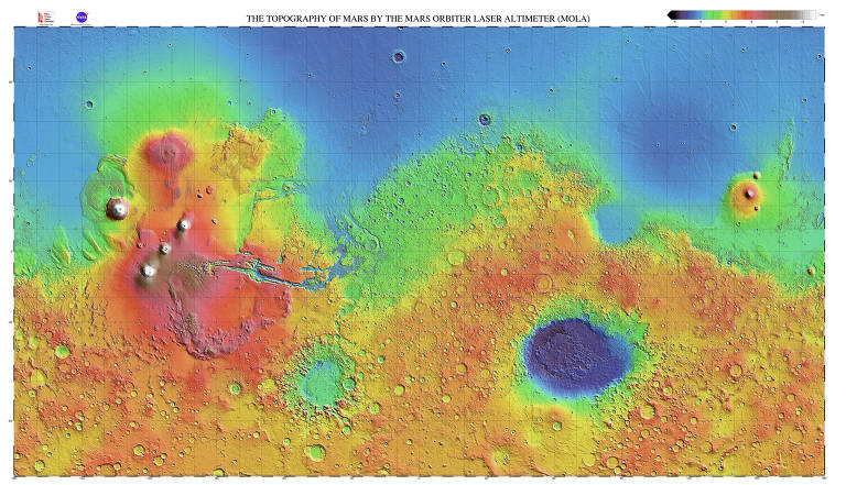 Foto da topografia da superfície de Marte, feita pelo altímetro do orbitador dos Emirados Árabes Unidos