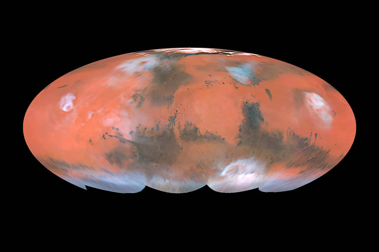 O mapa do planeta Marte, composto pela união de 3.000 fotos feitas pelo orbitador dos Emirados Árabes Unidos, com destaque para a cor avermelhada que o identifica