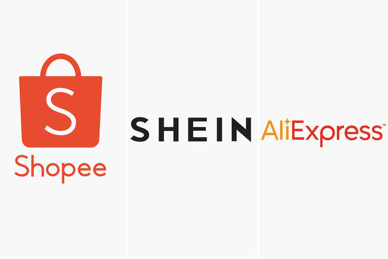 Imagem mostra os logos de Shoppe, Shein e AliExpress