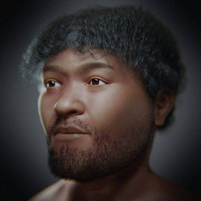 foto mostra reconstrução completa de rosto de egípcio que viveu há 35 mil anos. ele é negro, tem cabelos crespos curtos e barba rala