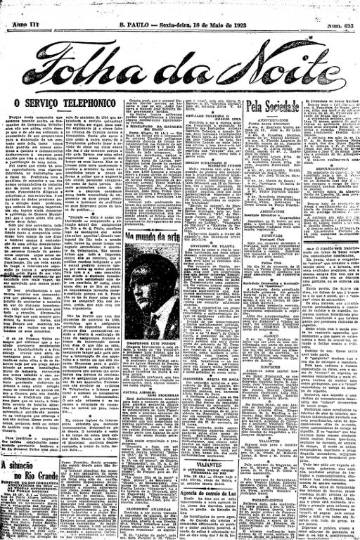 Primeira Página da Folha da Noite de 18 de maio de 1923