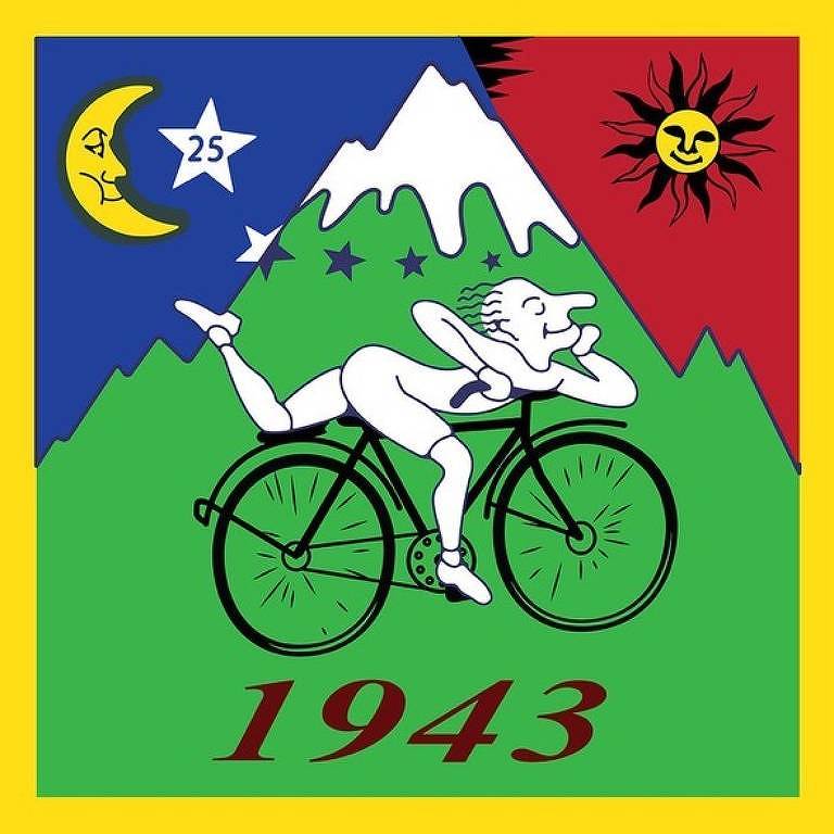 Desenho de montanha verde com lua em céu azul e sol em céu vermelho, com pessoa nua em branco montada em bicicleta preta
