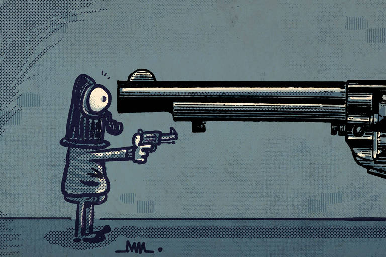 No cartum de Marcelo Martinez: em um beco escuro, um assaltante mascarado aponta seu pequeno revólver para fora de cena. Mas ele é surpreendido por um cano de revólver ainda maior, ocupando toda a tela, vindo de fora do quadro.
