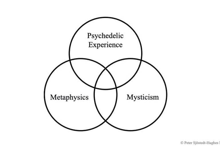 Três círculos entrelacados com as palavras "experiência psicodélica", "metafísica" e "misticismo"