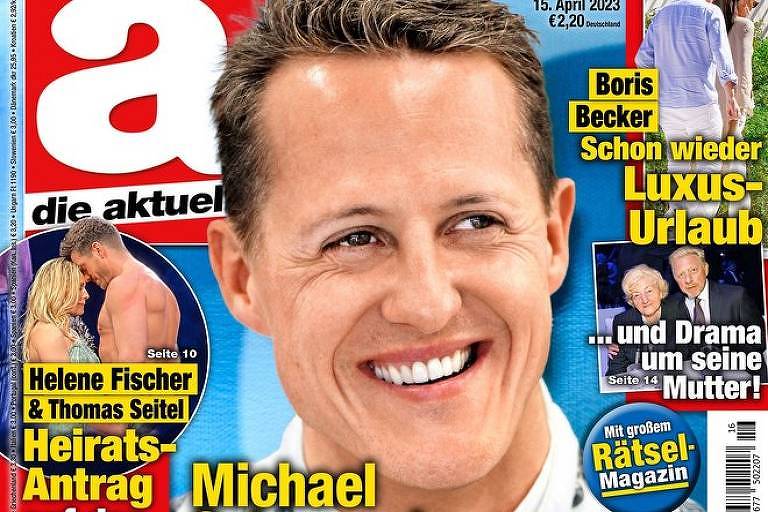  Capa da revista alemã Die Aktual ao publicar "entrevista" com Michael Schumacher gerada por inteligência artificial, em 15 de abril de 2023
