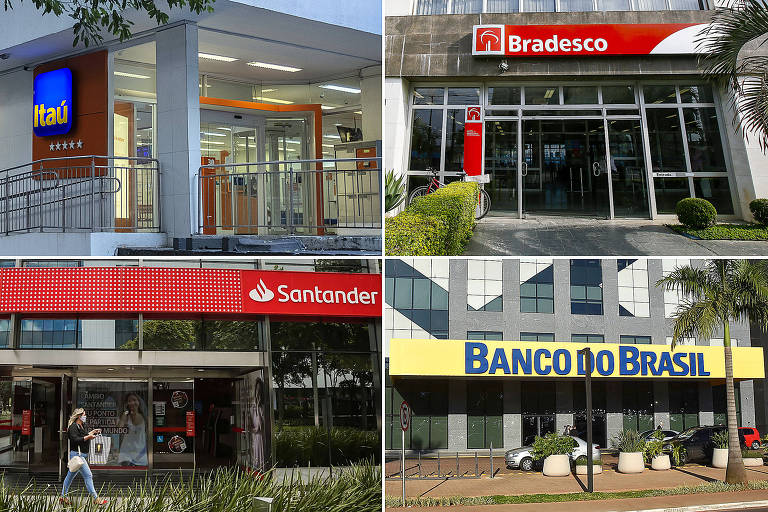 Fachadas de agências bancárias de Itaú, Bradesco, Banco do Brasil e Santander2
