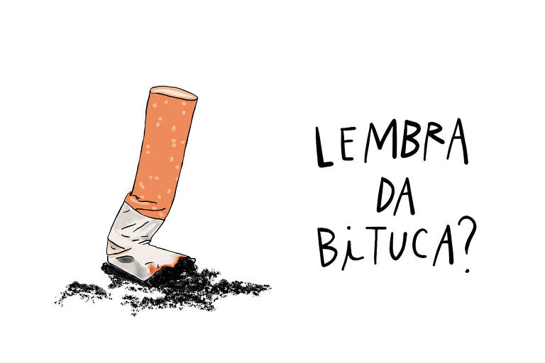 No desenho de Luiza Pannunzio uma bituca de cigarro se apresenta amassada com suas cinzas ao redor no lado esquerdo da composição. No lado direito, há a frase "Lembra da bituca?".