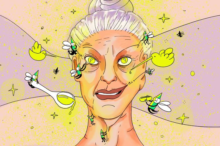 Ilustração mostra ao centro cabeça de mulher idosa, ela tem partes do rosto sendo repuxadas e recebendo remédios de seres mágicos, como fadas. 