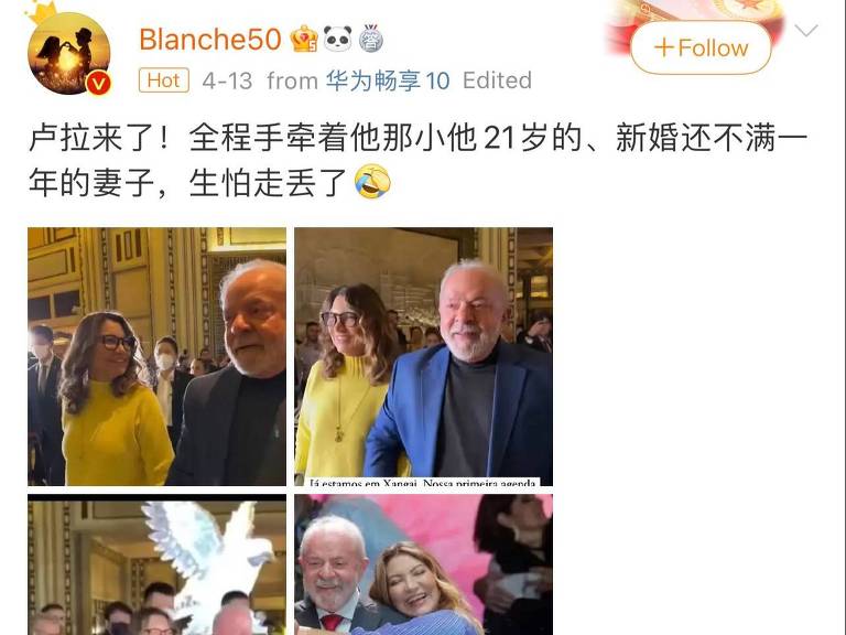 Usuário do Weibo publica fotos de Lula e Janja na China e escreve 'Lula chegou. Segurando a mão de sua esposa 21 anos mais nova, por medo dela escapar'