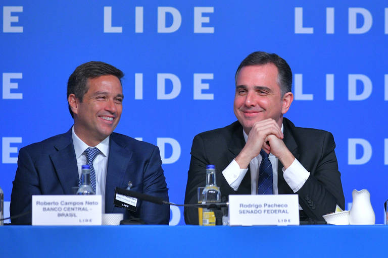Roberto Campos Neto, à esquerda, e Rodrigo Pacheco participam de evento do LIDE em Londres