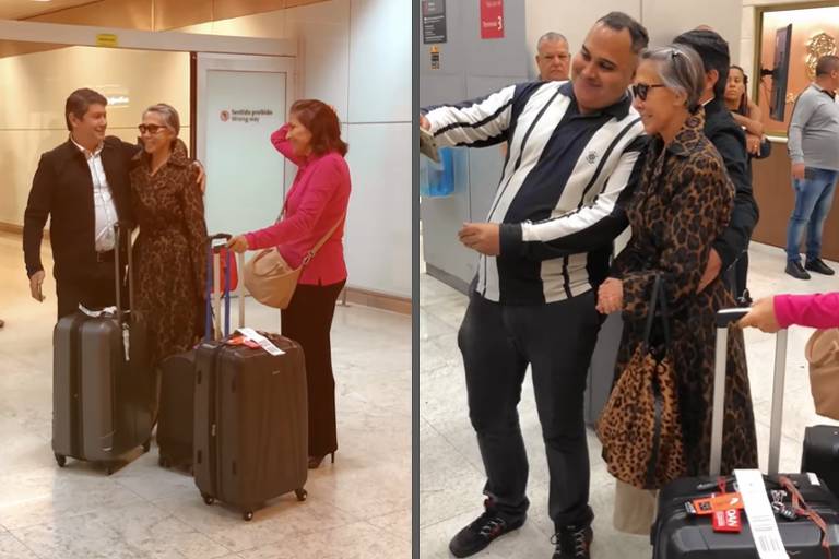 Florinda Meza, a Dona Florinda de 'Chaves', posa com fãs ao chegar ao Brasil