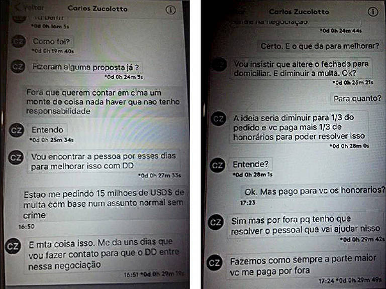 Mensagens que Tacla Duran apresentou em 2017 sobre suposta negociação com amigo de Moro