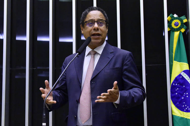 Homem negro de óculos, terno e gravata discursa no plenário da câmara ao lado da bandeira do brasil