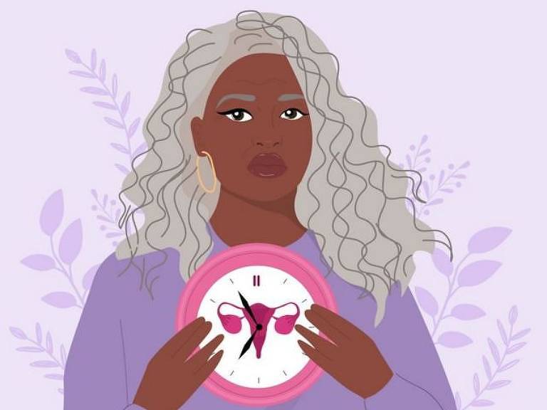 Ilustração mostra uma mulher negra, com cabelos na cor cinza, segurando um relógio com moldura cor-de-rosa; o fundo do relógio possui o desenho de um útero