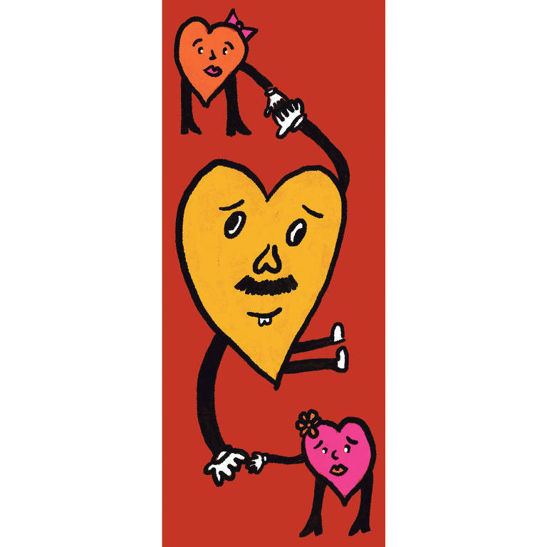 Desenho de 3 corações, um no meio, com cor amarela e de bigode e dois nas pontas, um laranja com laço na cabeça e boca rosa e outro rosa com flor na cabeça e boca laranja. os corações estão de mãos dadas.