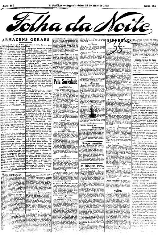 Primeira Página da Folha da Noite de 21 de maio de 1923