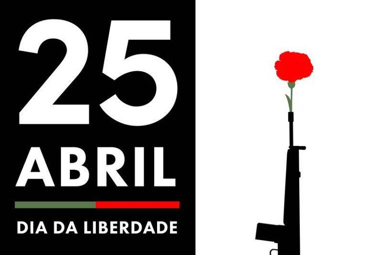 Flyer em que se inscreve "25 de abril: dia da liberdade" ao lado de imagem de pistola em que cravo sai do cano