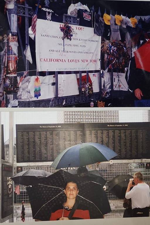 Na foto de cima, lembranças deixadas por pessoas em solidariedade às vítimas do 11 de setembro. Na foto de baixo, jovem com blusa vermelha e preta segura guarda-chuva com semblante sério em frente ao quadro com nomes das vítimas do 11 de setembro, no Ground Zero