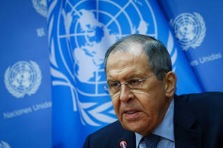 Russian Foreign Minister Sergei Lavrov holds a news conference at U.N. headquarters in New York