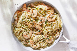 Spaghetti a Limone with Shrimp. (Julia Gartland/The New York Times)