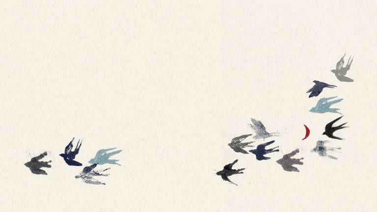 ilustração de pássaros voando sobre fundo bege