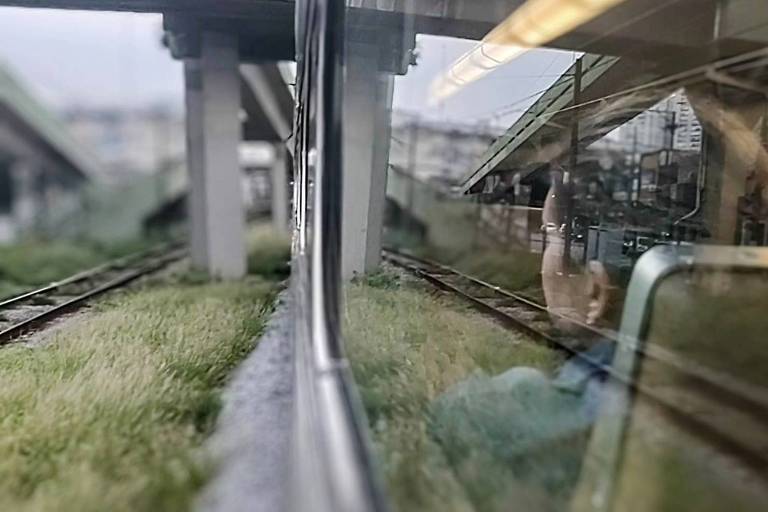 Mulher observa paisagem pela janela de trem 