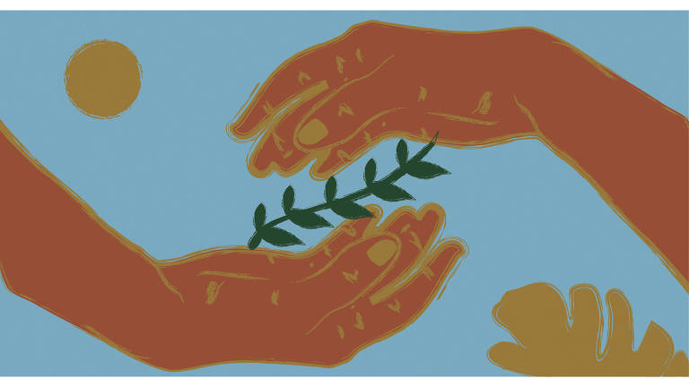 Na ilustração, sobre o fundo azul, duas mãos aparecem, uma acima e uma embaixo, elas estão contrapostas, e com as palmas voltadas uma para a outra. Da palma das mãos sai uma planta, que as conecta.