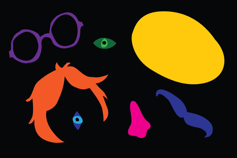 Sobre um fundo preto estao flutuando recortes de uma face: um cabelo comprido laranja, um óculos redondo roxo, um olho verde, um olho azul, um nariz rosa, um bigode azul e uma cara amarela.