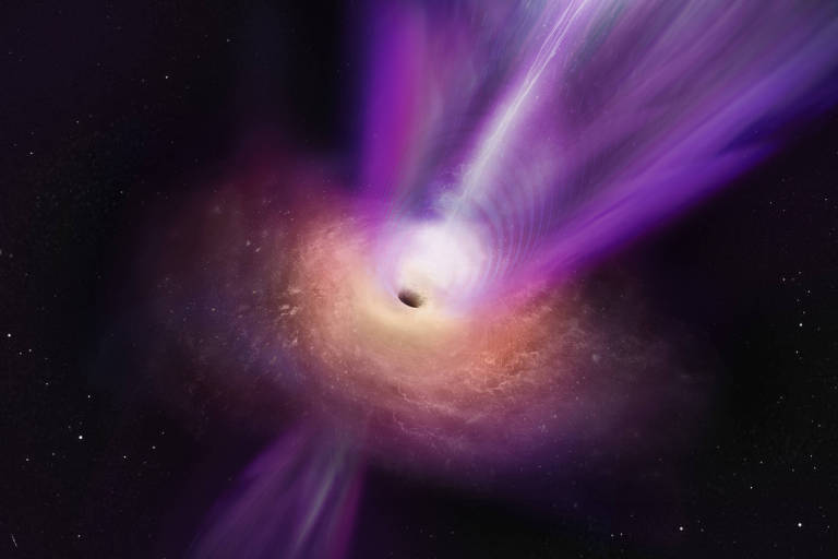Concepção artística dos jatos de partículas de alta energia saindo do buraco negro no coração da galáxia Messier 87