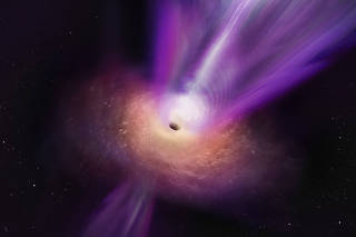 An artist?s rendition of the massive jet of high-energy particles that shoots from the black hole at the heart of the galaxy Messier 87. (S. Dagnello (NRAO/AUI/NSF) via The New York Times)