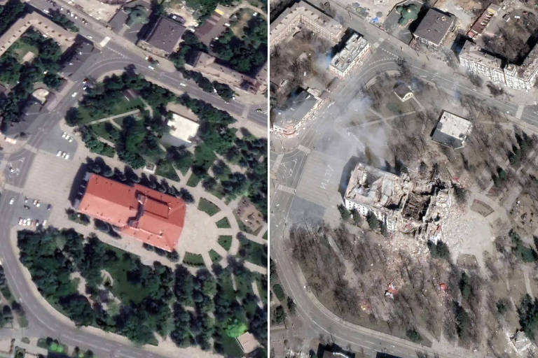 Montagem mostra teatro de Mariupol antes e depois de ser destruído na Guerra da Ucrânia