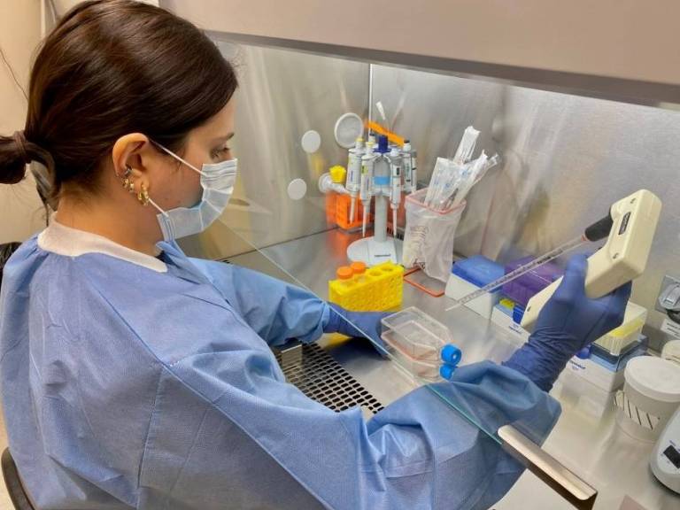 Cientista, de máscara e luvas, manipula amostras de vírus em laboratório