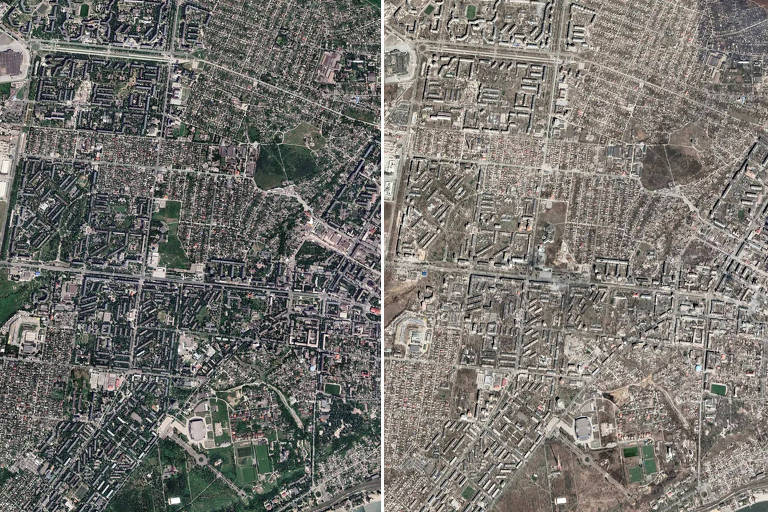 Montagem mostra antes e depois da cidade de Mariupol, na Ucrânia
