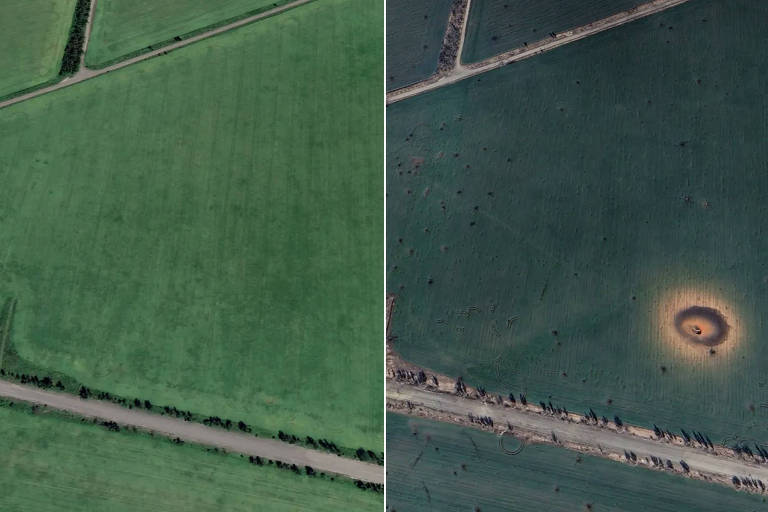 Montagem mostra antes e depois na região de Mariupol; cratera aparece na imagem à direita