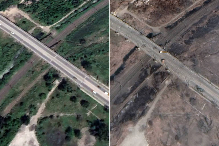 Ponte em Mariupol antes e depois do início da guerra