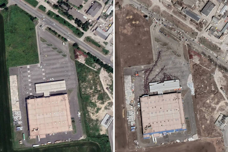 Foto de satélite mostra fila (à dir.) em estabelecimento que virou centro de assistência em Mariupol