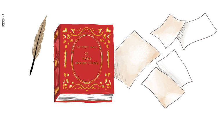 No centro da imagem está um livro vermelho, com encadernação antiga e escrito dourado: Alexandre Dumas, Os três mosqueteiros. A direita do livro saem folhas ao vento. A esquerda uma pena. 